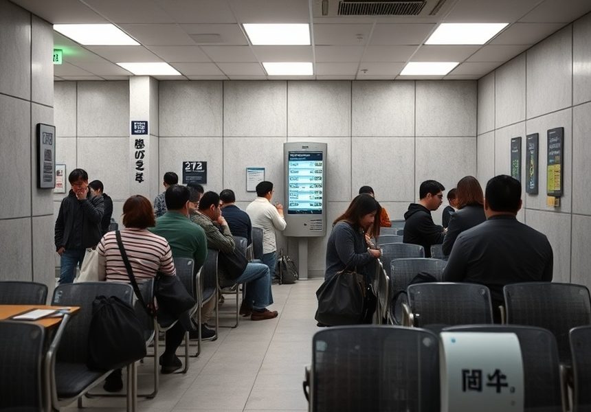 導入後 — 手続きの種類ごとに受付番号を分け、待合スペースが整理されています。